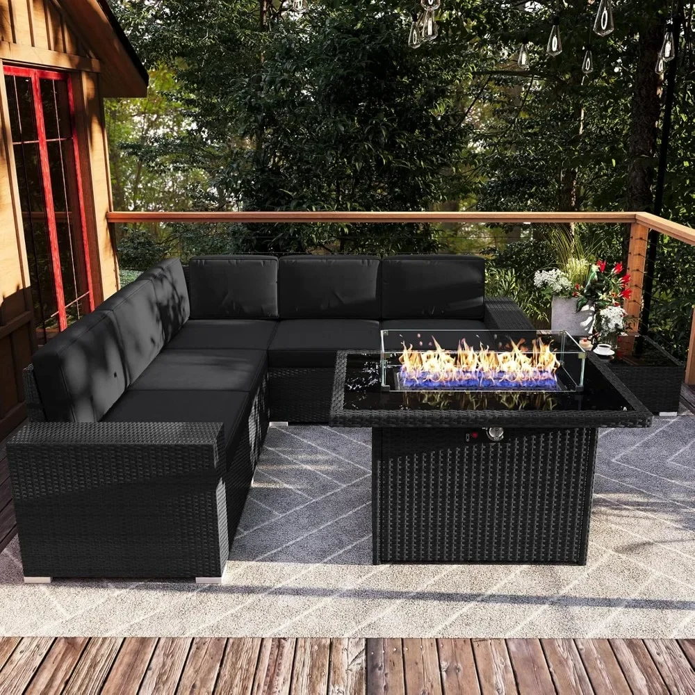 

7 Pieces Patio Furniture Set with 44" Propane Gas Fire Pit Table, Coffee Table, Outdoor Sectional Wicker Conversation Sofa Set