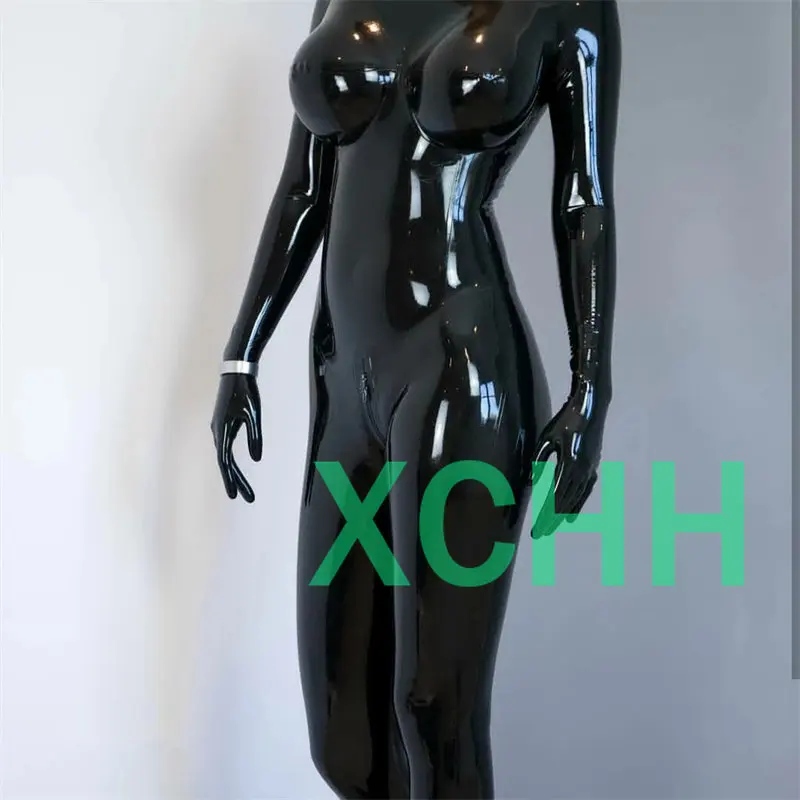 

Black Latex Catsuit Fetish Rubber Bodysuits 3d Cut Breast with Black gloves Back Zip Crotch Zip for Women