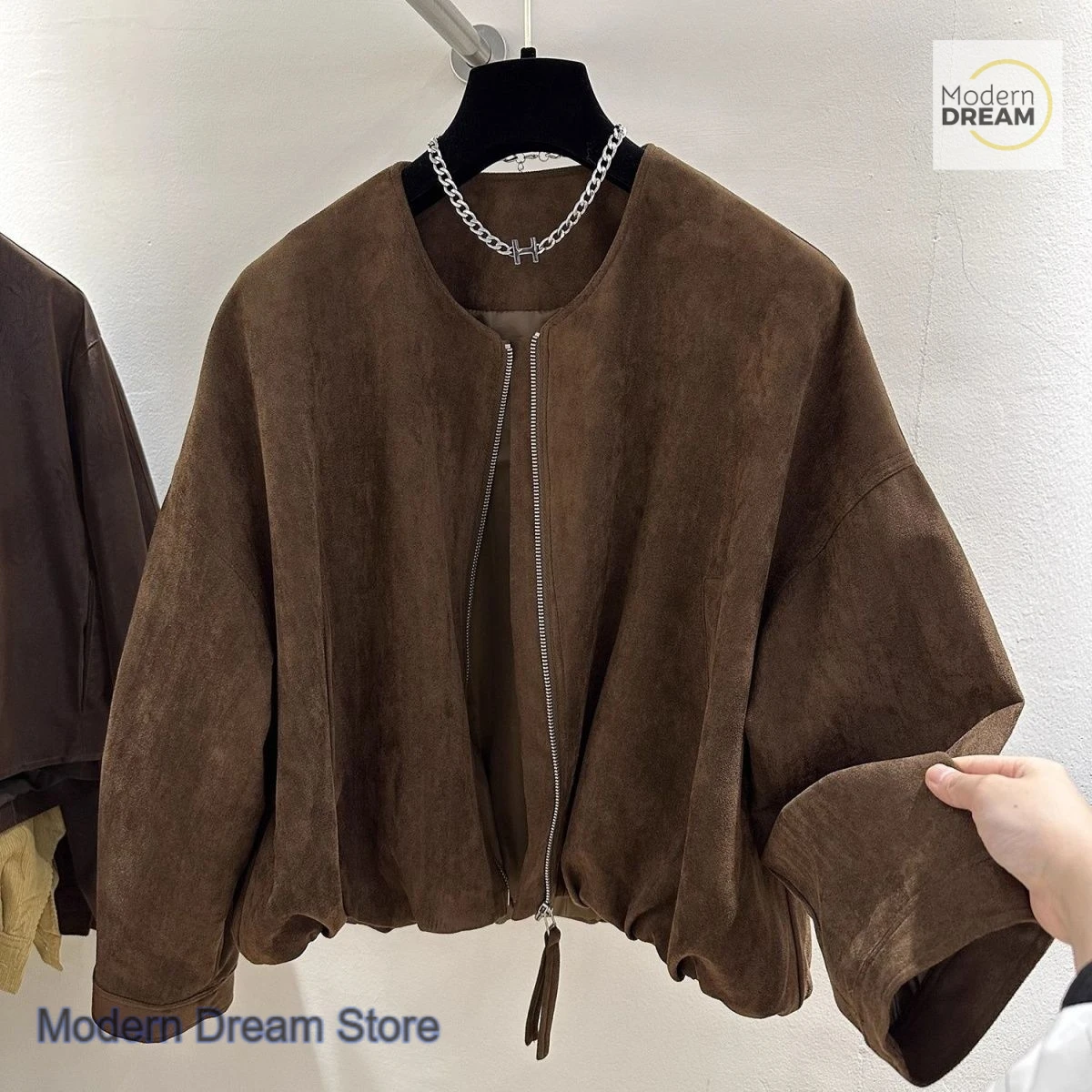 

American retro solid color Maillard short suede jacket women's spring and autumn fashion high-end loose slim round neck jacket