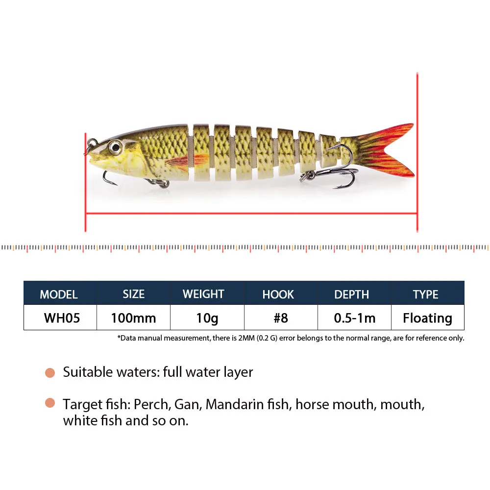 Hanlin 10cm/3.94in Multi Jointed Fishing Lures Sinking Swimbait 9 Segments Trout Crankbait Wobbler Hard Bait Minnow Bass Tackle