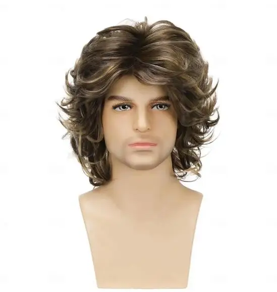 Synthetic Hair Mens Wigs 80s Brown Mix Blonde Fluffy Wavy Layered Wig Cosplay Rocker Party Halloween Costume Wigs