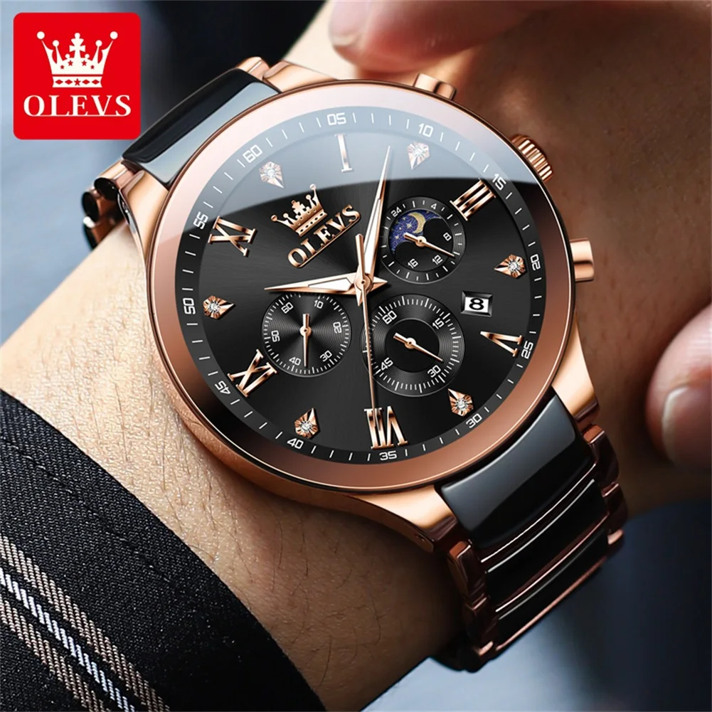 OLEVS 7004 High Quality Ceramics Strap Quartz Watch for Men Elegant Gentleman Waterproof Chronograph Moon Phase Men\'s Wristwatch