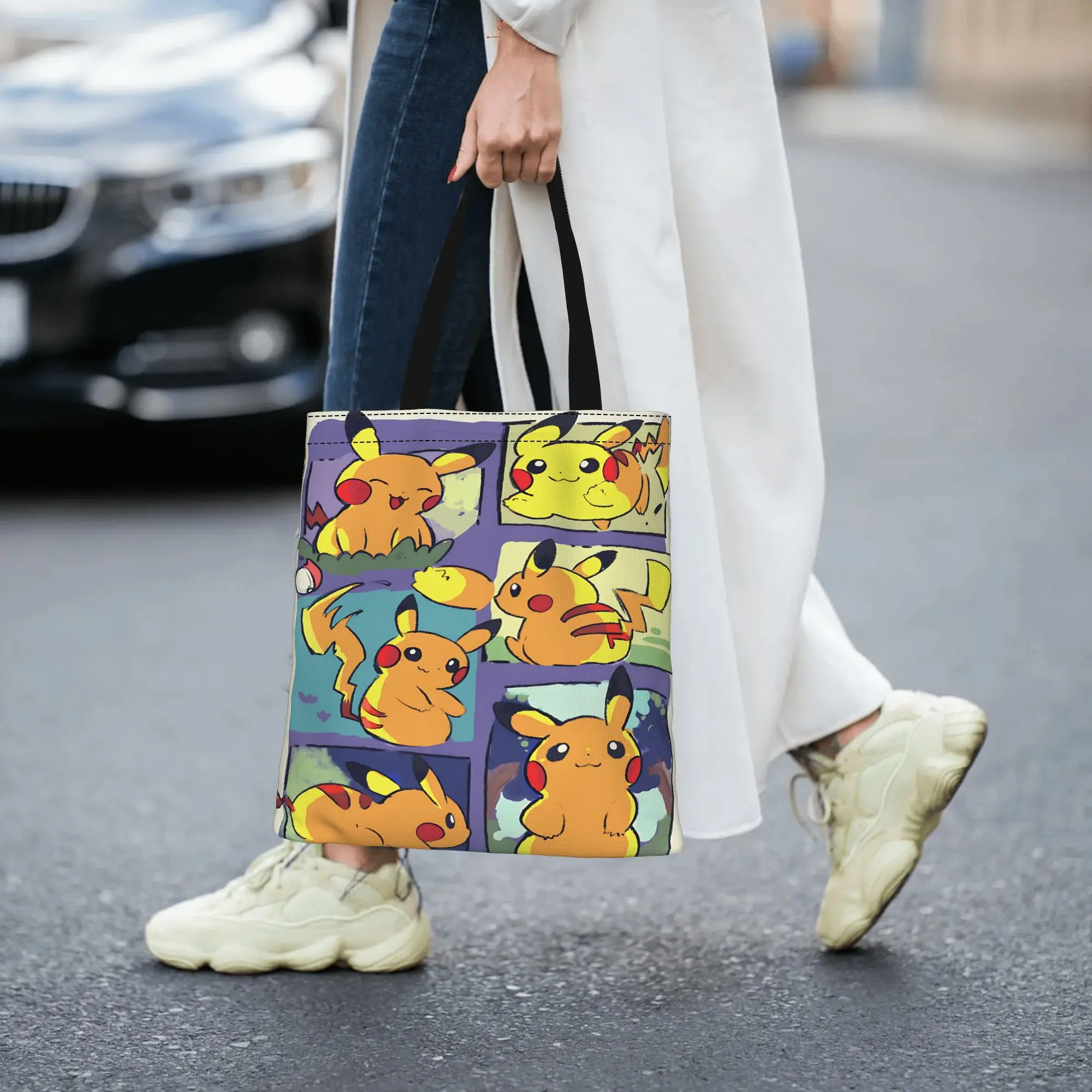 Customized Cartoon Pokemon Theme Women's Bag Shopping Bag Reusable Double Sided Canvas Tote Bag Shoulder Pikachu Meme Handbag