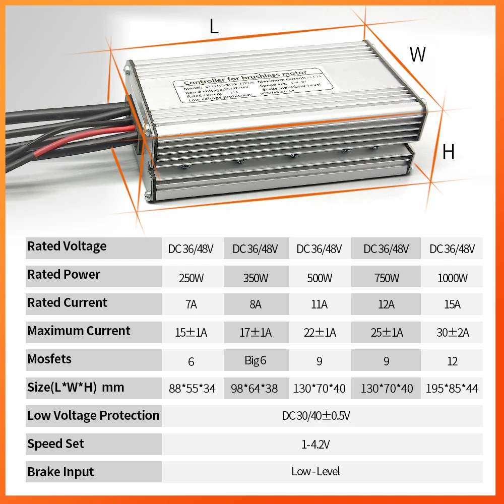 KunTeng kontroler roweru elektrycznego 36V 48V XT60 wodoodporny bezszczotkowy 250W 350W 500W 1000W z kablem 1T4 2Pin E-Brakes