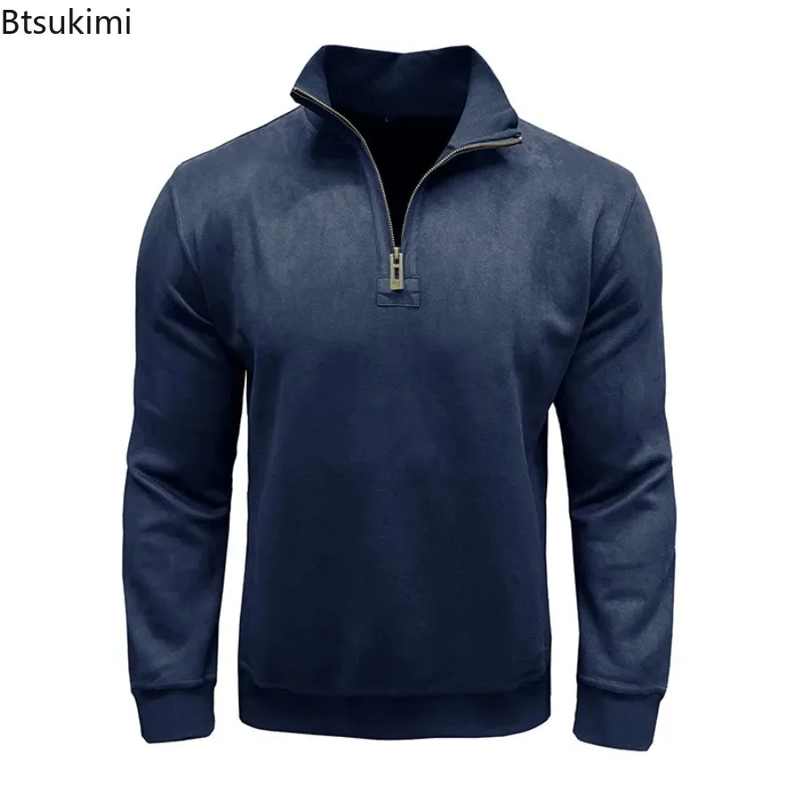 

Autumn Winter Warm Pullovers Men's Loose Casual Long Sleeve Sweatshirts Fashion Half Zipper Stand Collar Tops Men Retro Hoodies