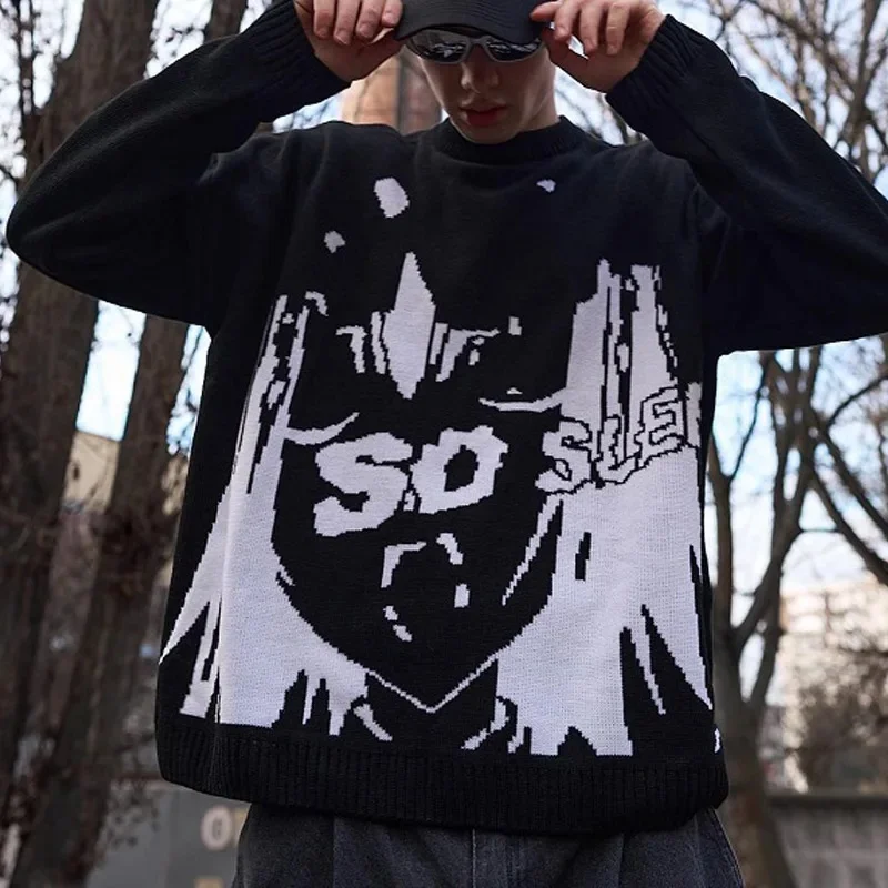 Sweter Rajut Tengkorak Gaya Jalanan Harajuku Retro dengan Hoodie Katun Pria dan Wanita Gambar Cetak Huruf untuk Fashion Musim Gugur