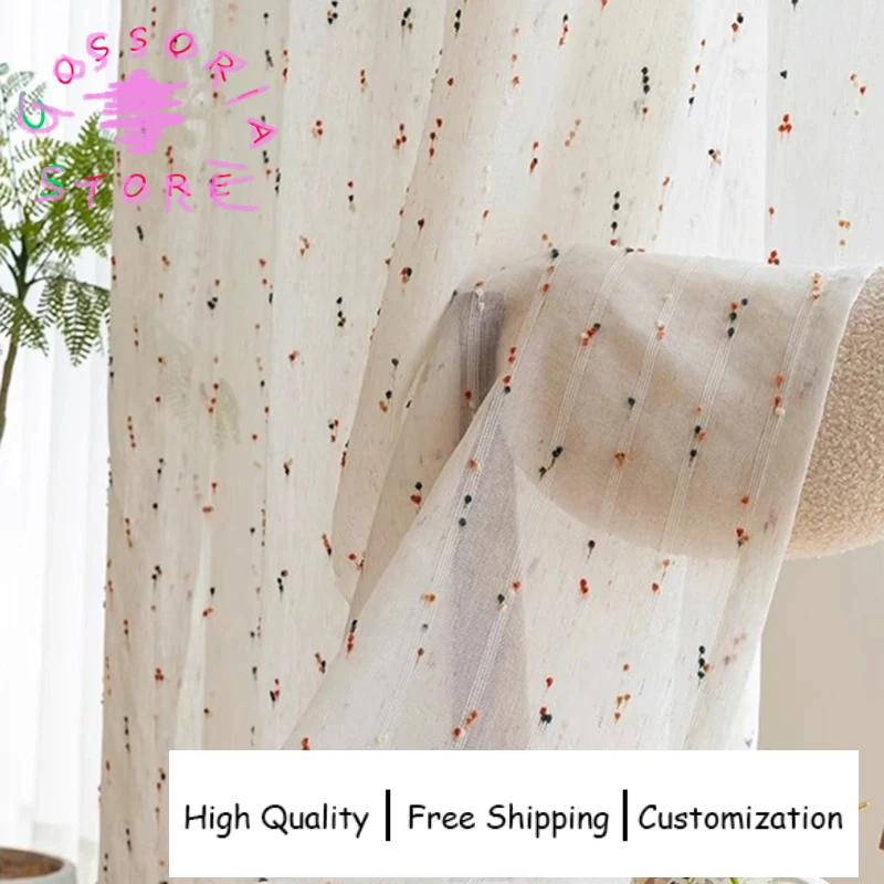 

Sample Custom Vintage Vertical Stripe Pompom Tulle Curtains for Living Room Bedroom Textured Sheer Window Drapes Home Decor