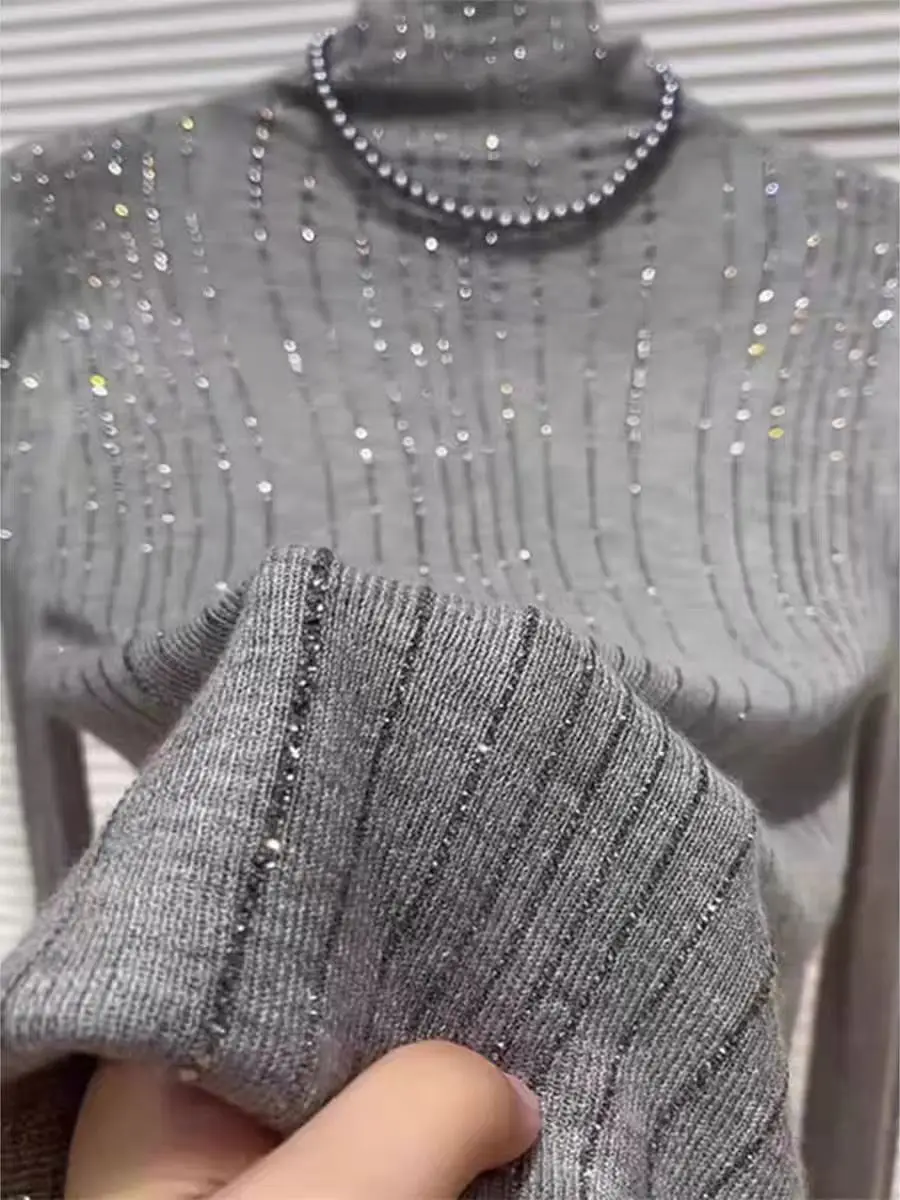 

Роскошный свитер с бриллиантами, женский осенне-зимний свитер с воротником, серый трикотаж, свитера, пуловеры, джемперы, топы