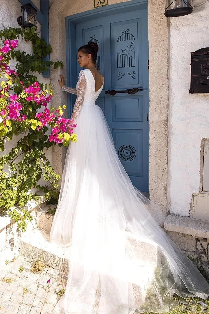 Macacão De Casamento A Linha, Mangas Compridas, Vestido De Tule Boho, Vestidos De Noiva, Vestido De Noiva