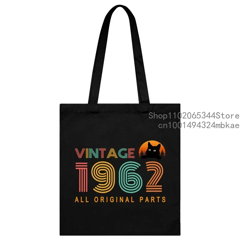 Canvas Tote Bag Vintage Birthday Year 1960-1969 Print Shopping Bag Women Men Casual Fashion Years Black Cat Side Bag for Ladies