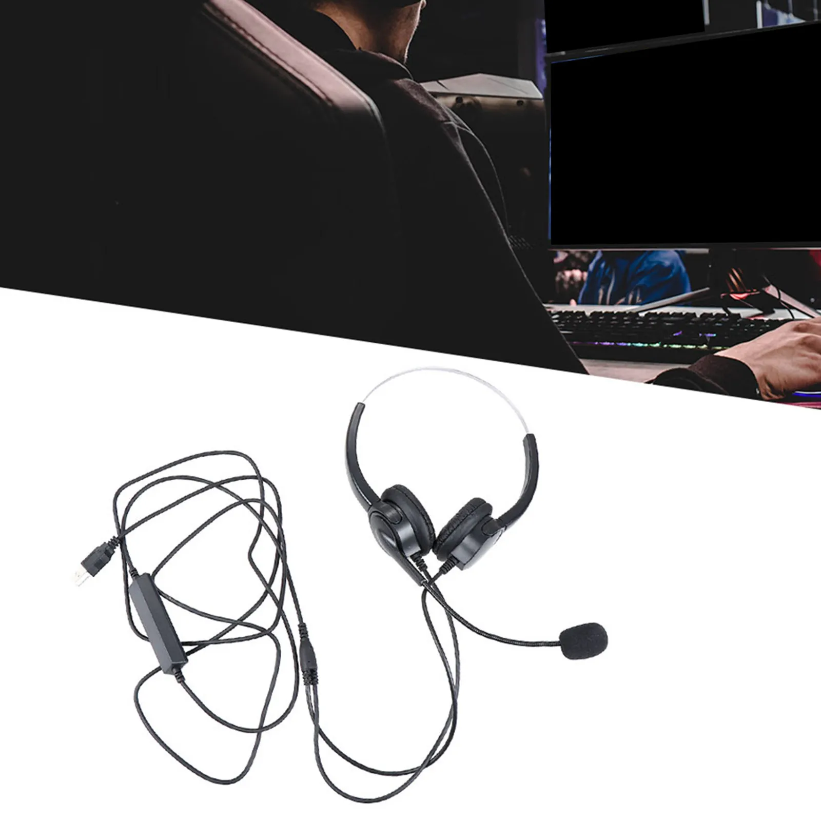 head-mounted-microphone-wired-usb-black-dual-ear-rotatable-pole-noise-reduction-mic-for-telemarketing-sales-store-voice