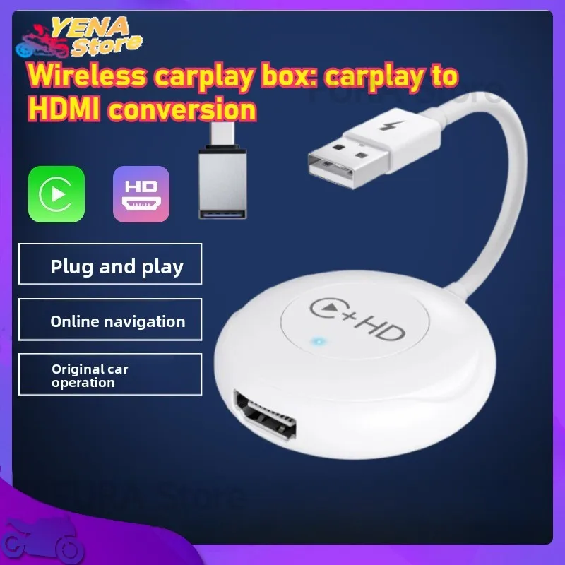 

The wired to wireless Carplay to HDMI compatible video smart car adapter is circular and suitable for wired CarPlay cars