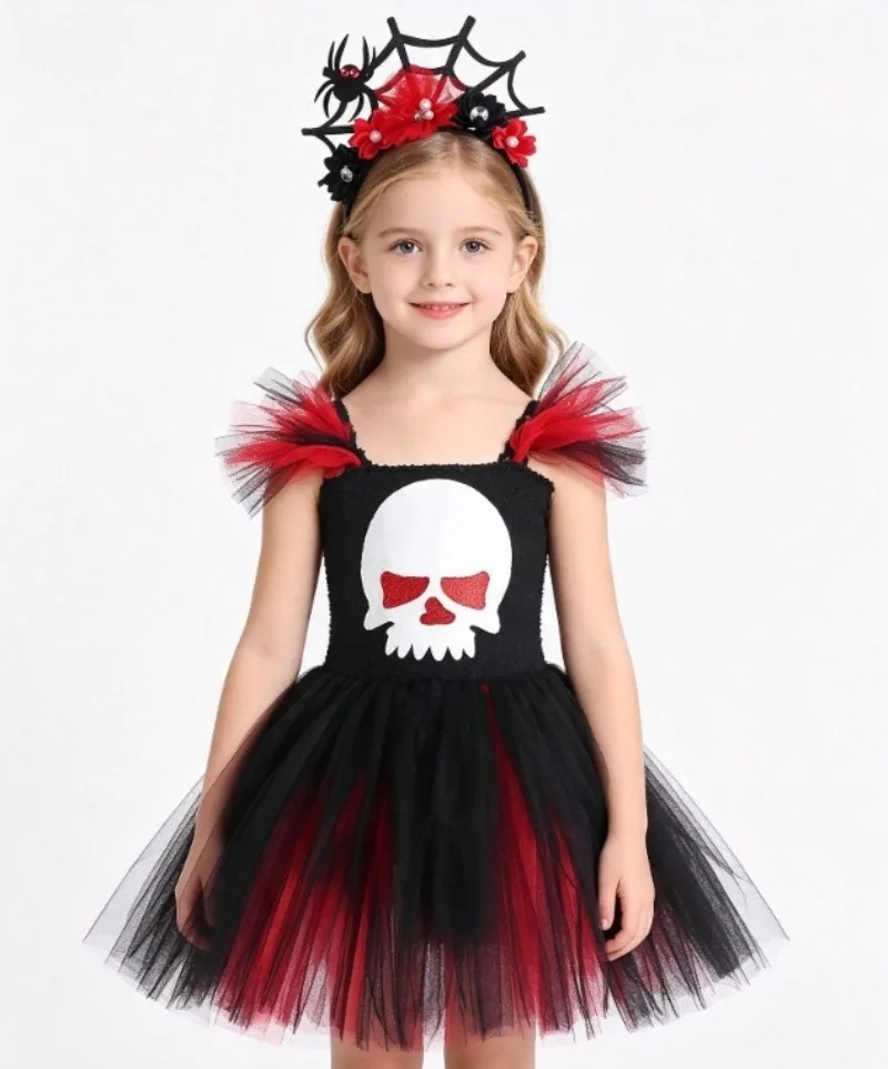 Girls Halloween Skull Tutu Dress Red Black Ghost Tulle Skirt Kids Carnival Birthday Stage Wear Spider Web Floral Hair Accessory