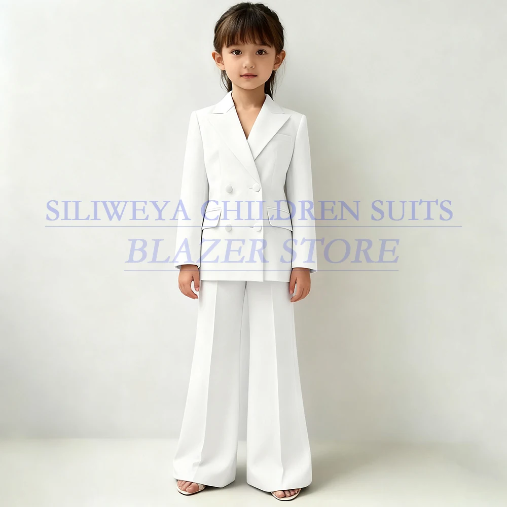 

White Girls Clothing Formal Double Breasted Peak Lapel Regular Length Blazer Cusotmized Kids Suits Elegant Blazer Outfits Sets
