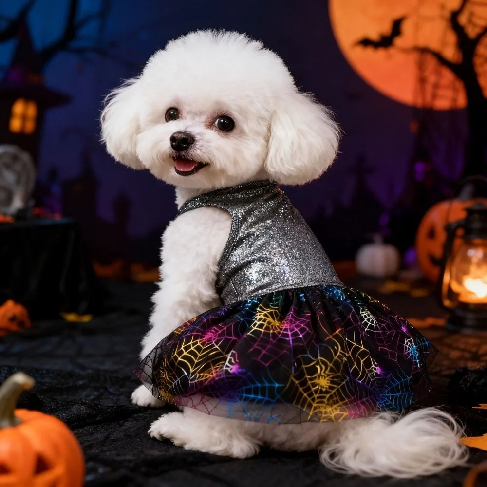 Funny Breathable Halloween Pet Laser Dress Spider Web Pattern Soft Dog Pumpkin Dress Comfortable Halloween Dog Clothes Festival