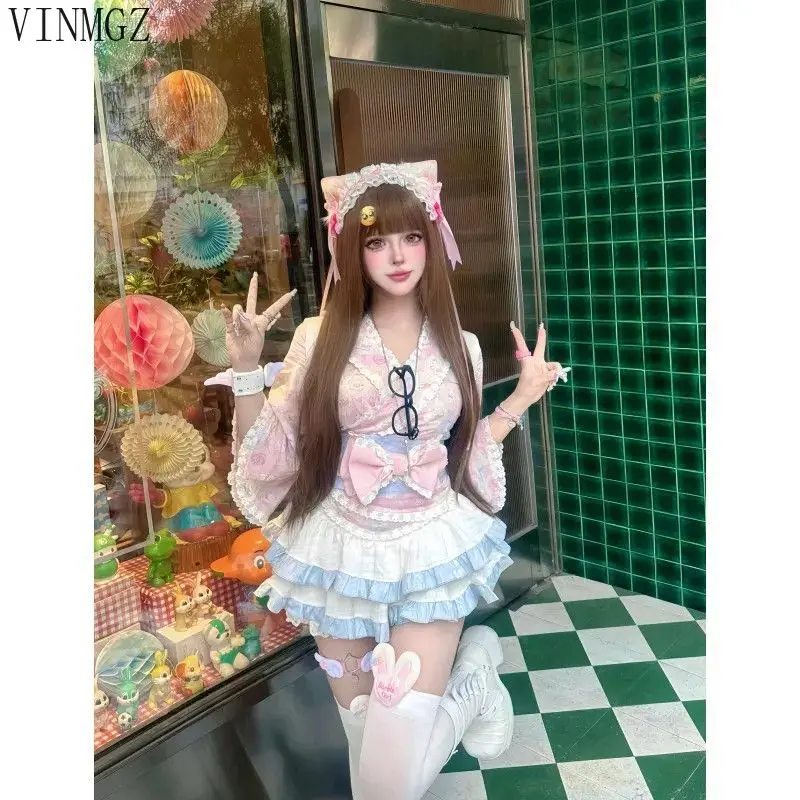 Japanese super fairy cute girl puffy  style popular skirt floral ins bow waist seal maid forest series  Slight Strech