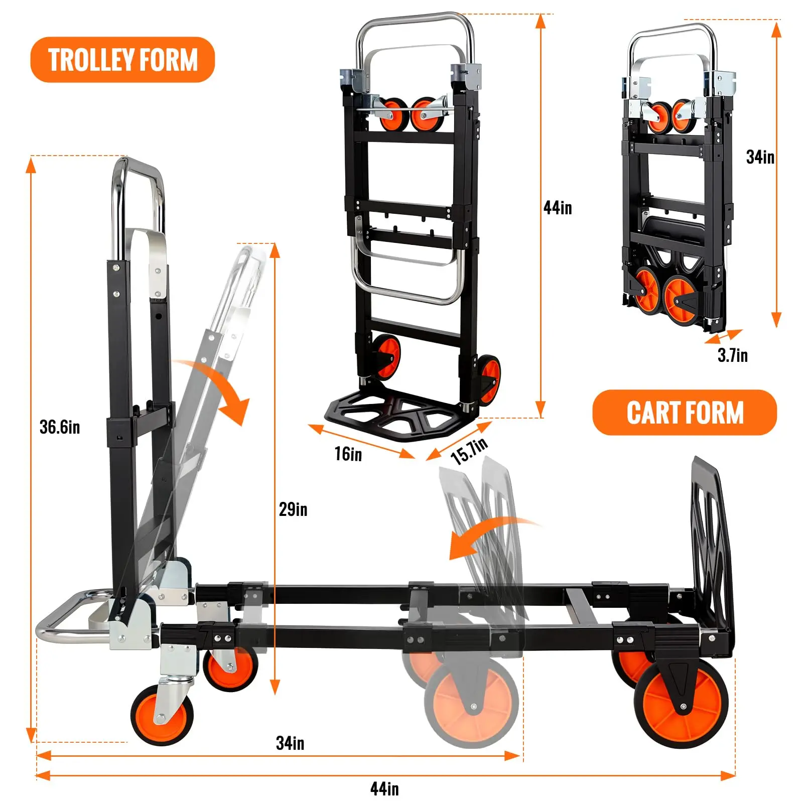3 in 1 Hand Truck, 600Lbs Capacity Heavy Duty Collapsible Cart with Retractable Handle, Dolly Cart, 2 Universal Wheel with Brake