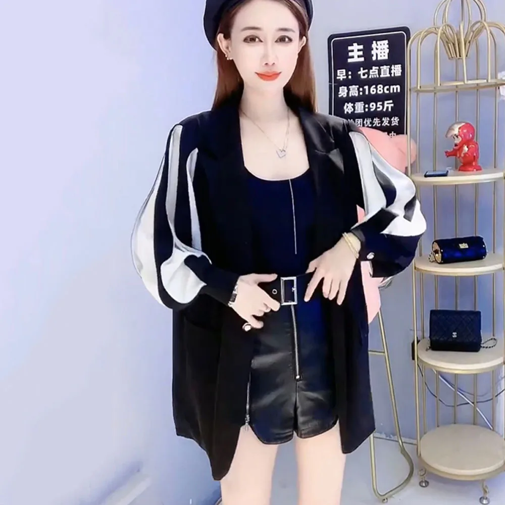 Fashion Suit Jackets Summer 2023 Women\'s Blazer Loose Contrasting Colors Bow Sexy Backless Coat Female Chain Lantern Sleeve Tops