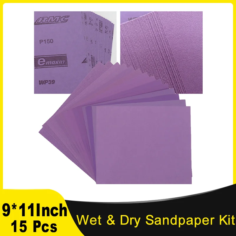 

15 Pack 9*11 Inch Wet Dry Purple Sandpaper Assortment 80/120/240 Grit for Wood Furniture Finishing Metal Sanding Automotive