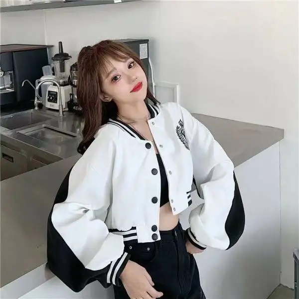 Gray Retro Style Short Baseball Jacket Women's Spring Autumn New Small Size Coat Top Initial Autumn Commute Style Regular Sleeve