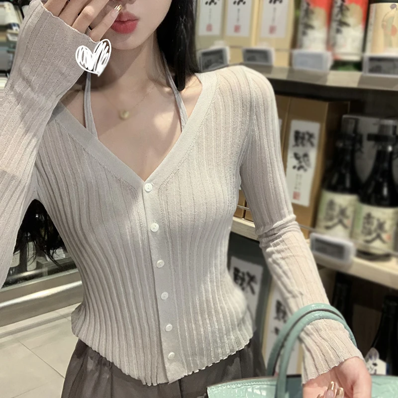 Women\'s T-shirts Casual Fashion Fake Two Pieces Knitted Long Sleeves Spring Autumn Solid Color Top