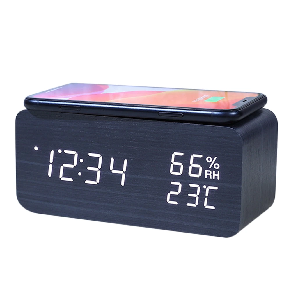 

Digital Alarm Clock Temperature and Humidity Alarm Clock LED Electronic Clock Smartphone Wireless Charger (Black)