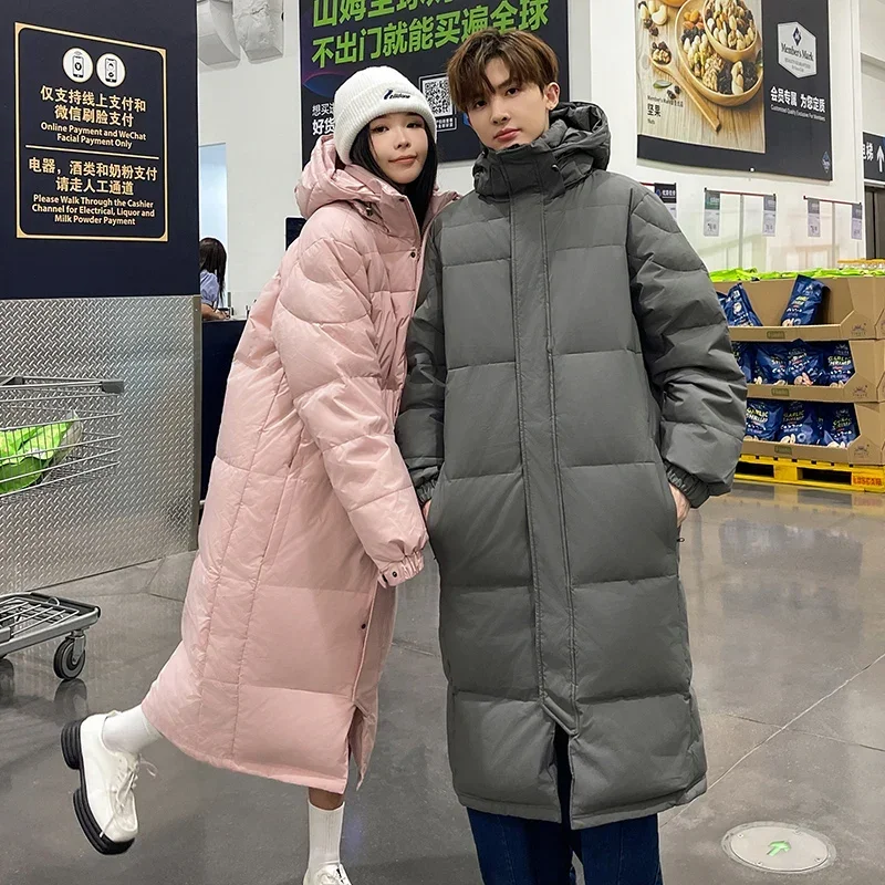 Winter Long Down Jacket Couple's K-Pop Trendy Windproof Warm White Duck Down Coat Male Outdoor Ski Casual Thickened Hooded Coat