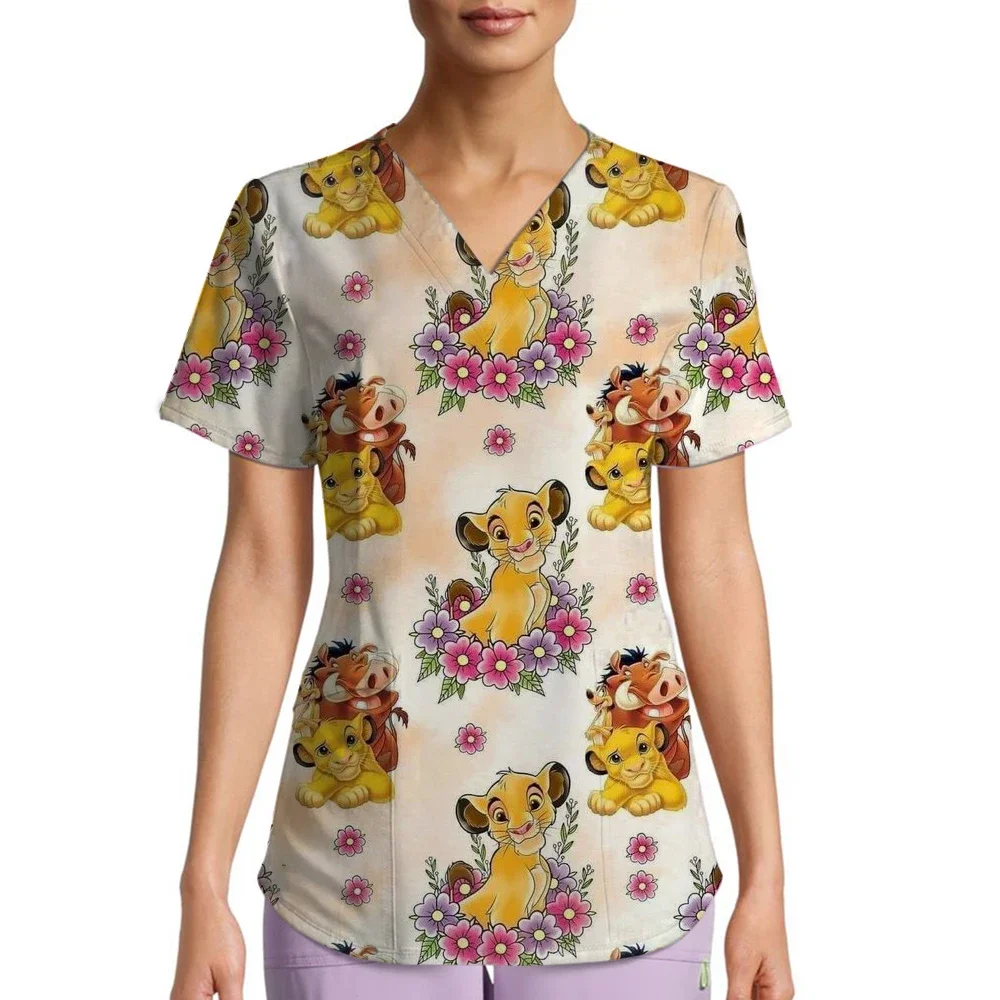 

Clinical Uniform Woman Disney Lion King Print V-Neck Micro-Stretch Dental Nursing Tops Short Sleeve Summers Uniforms Women Medic