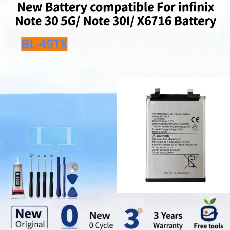 RUIXI Battery compatible For infinix Note 30 5G/ NOTE 30I/ X6716 BL-49TX 5000mAh Mobile Phone Batteries+ Free Tools