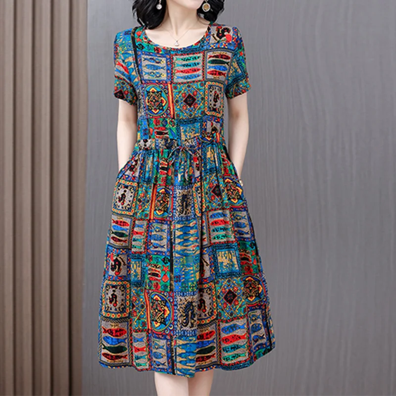 Cotton Silk Summer Women's Clothing Round Neck Multi-element Printing Pleated A-line Skirt Lacing Loose Pockets Midi Dresses