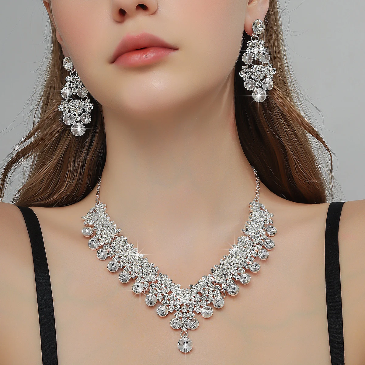 French court classical dazzling luxury exquisite necklace, earring jewelry set, wedding dress accessories for women view 5