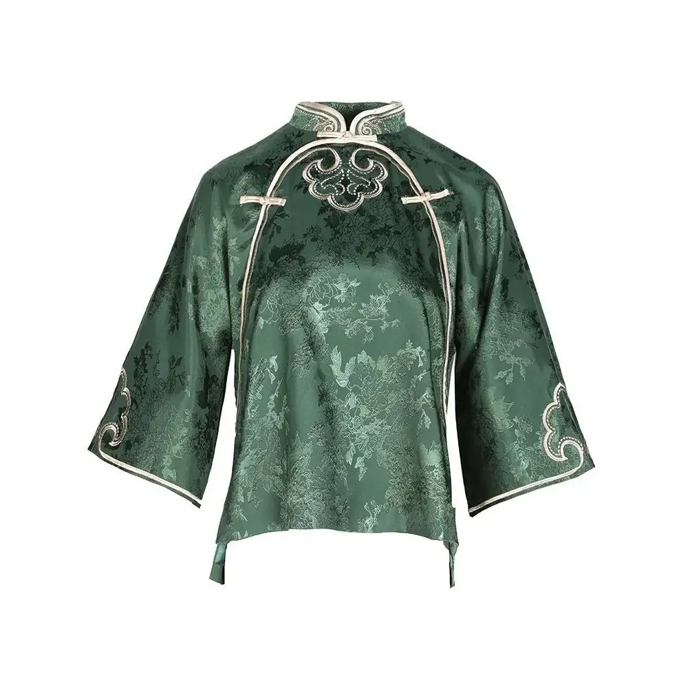 

Green Chinese Ethnic Style Top Women's 2026 Summer Retro Chinese Style Heavy Simulation Silk Disc Buckle Tang Fashion