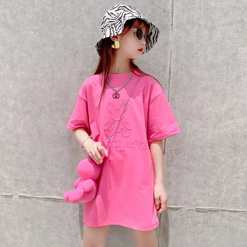 Dress Girls T-shirt Casual Cartoon Solid Summer New Short Sleeve Long T-shirt Loose Fashion Children\'s Clothing Mid-length Tops