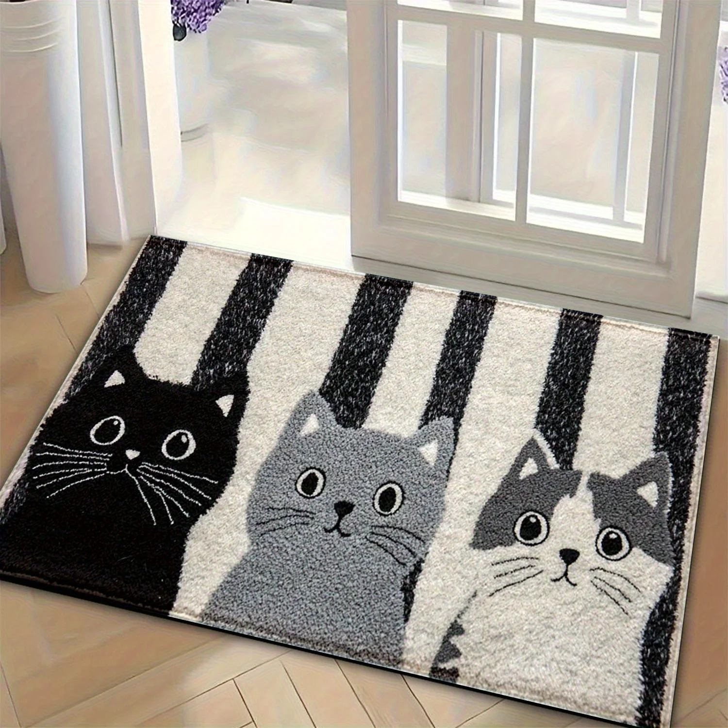 Cute Cats Striped Background Printed Flannel Door Mat Animal Design Soft Absorbent Rug For Home Decor Gift Idea