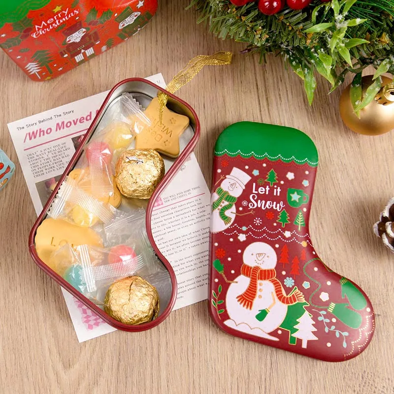 Christmas Candy Box Tin Box Candy Can Gift Packaging Box Printing Xmas Socks Shaped Box Kids Present Tree Hanging Supplies Noel