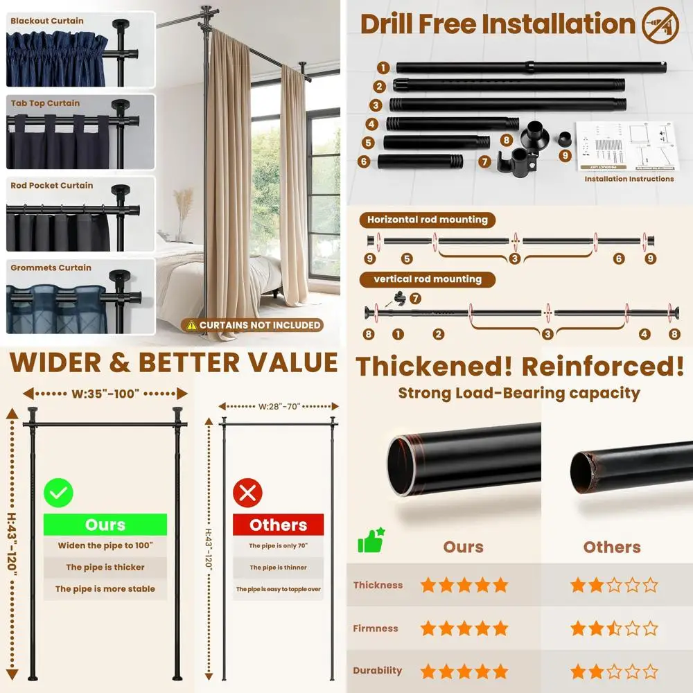 

Регулируемая отдельно стоящая перегородка, ширина 35–100 x высота 43–120 градусов, для конфиденциальности штор, черный