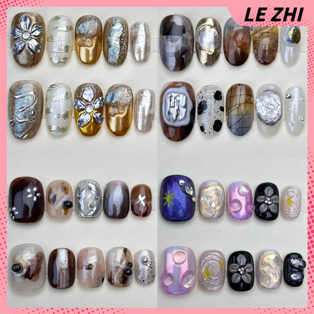 

10Pcs Cute Short Square Ellipse Handmade False Nails Fashion 3D Flower Diamond Bowknot Cat Eyes Detachable Press On Nails