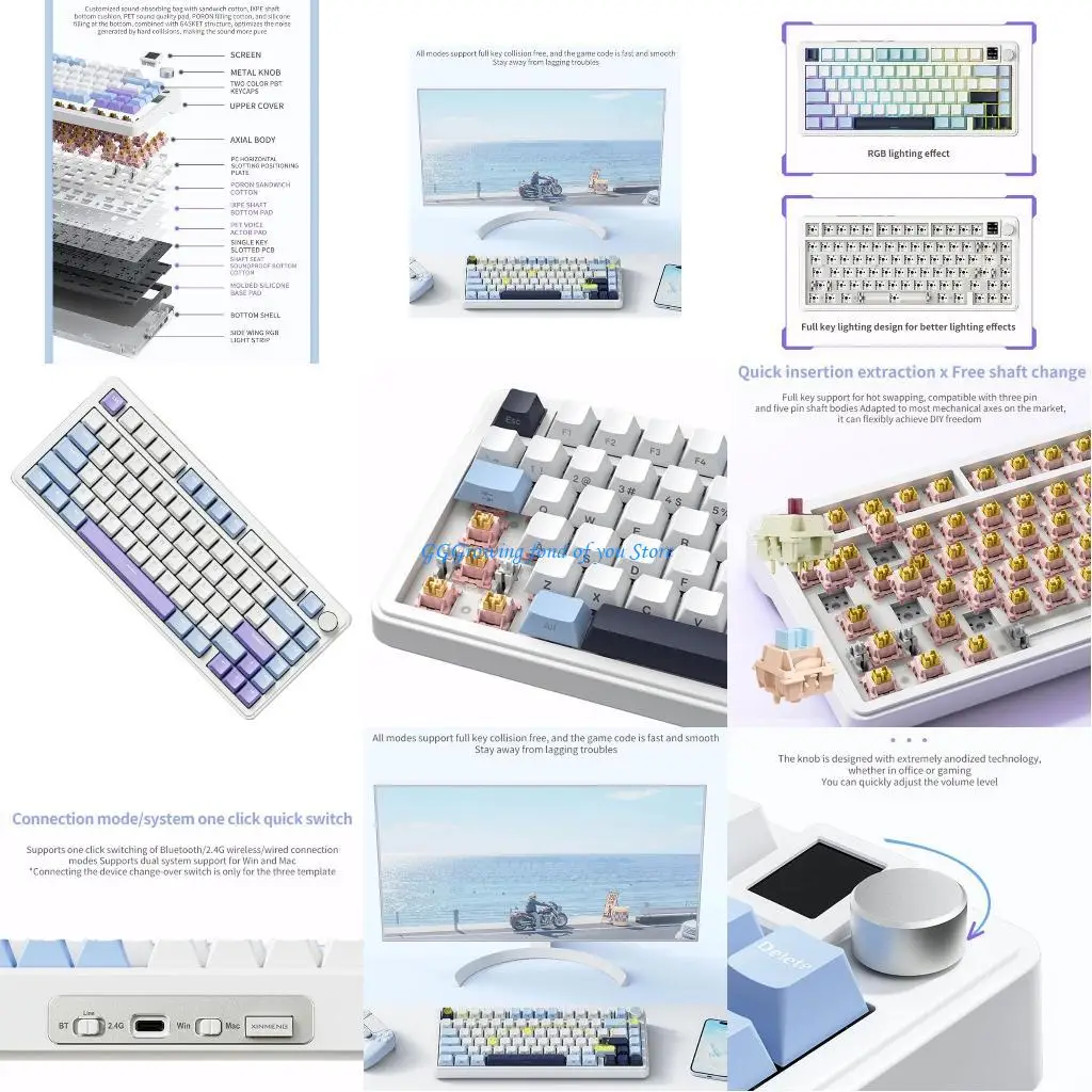 

H9EB X85 Gaskets Mechanical Keyboard 3Modes 75% Game Keyboard Hot Swappable