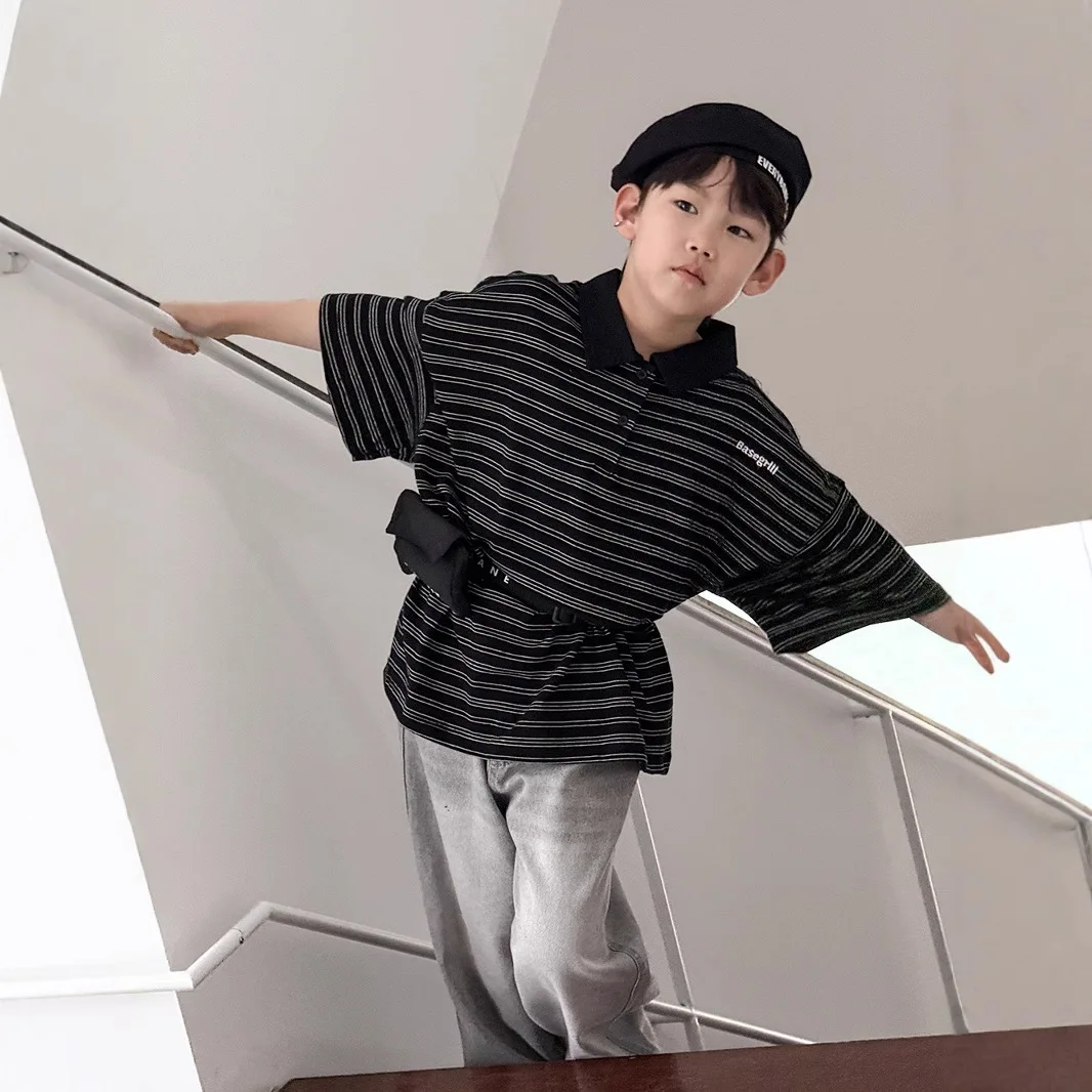 2025 New Summer Short Sleeved Cotton Boys' Elegant Middle and Small Boys' Top Girls' Stripe