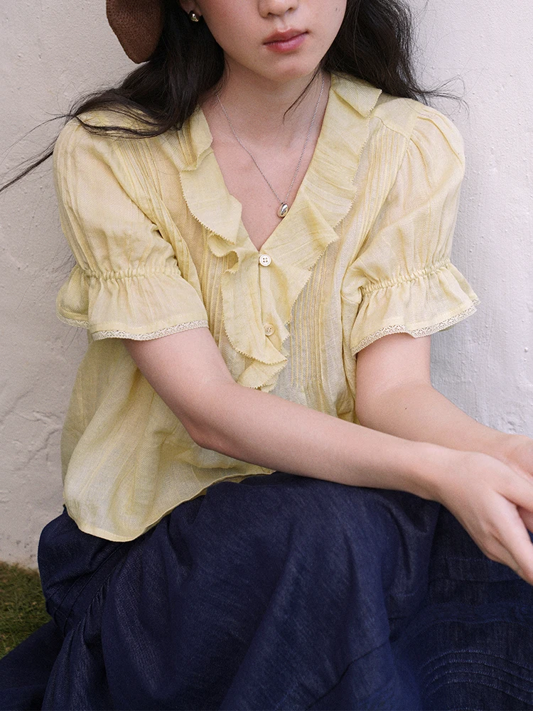 

Романтическая женская блузка Botanique с рукавами-фонариками и деревянными пуговицами из смесового шелка и льна во французском стиле