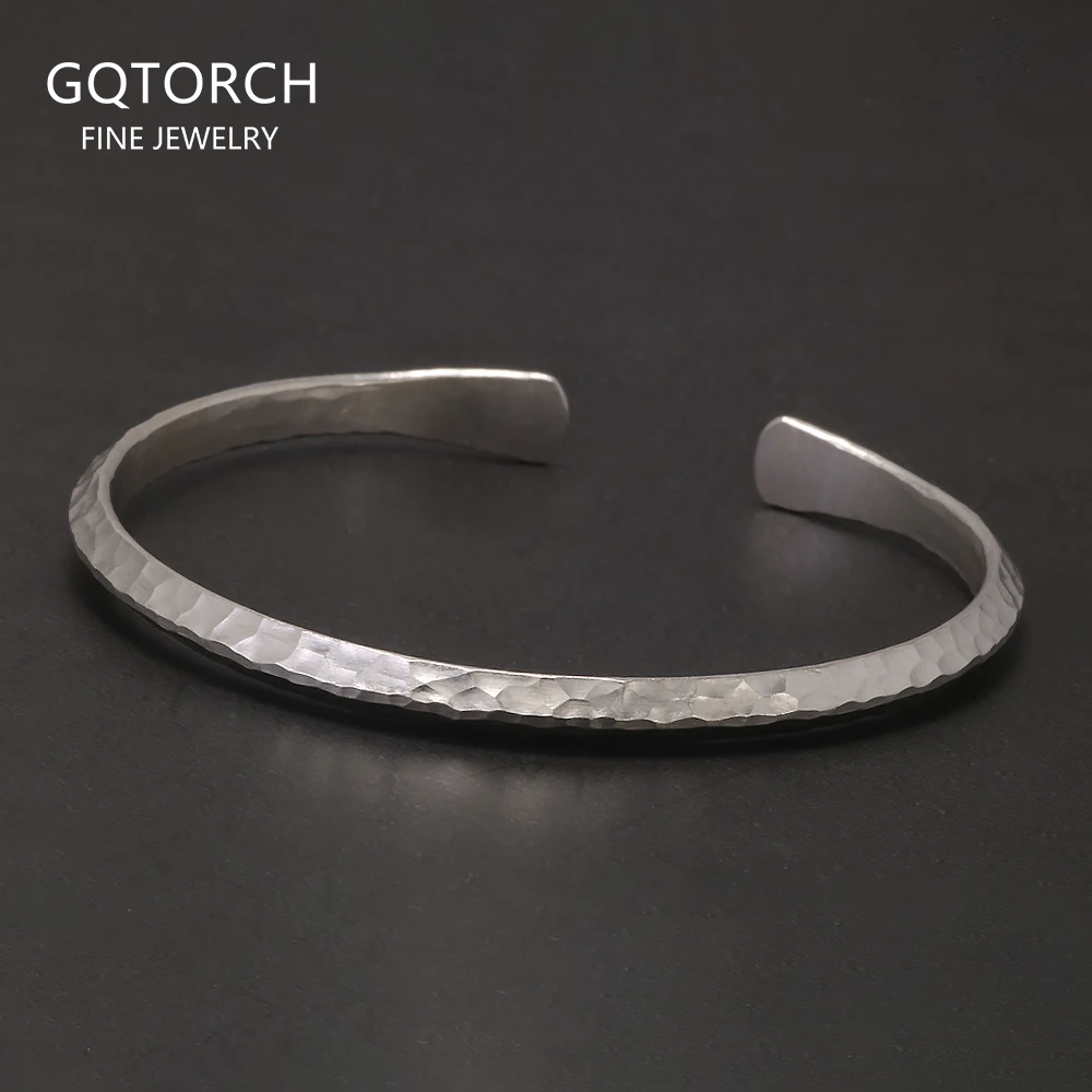 

Solid 925 Sterling Silver Hammered Bangle 4mm Open Cuff Bracelet for Women Men Urban Minimalist Chic Retro Party Jewelry
