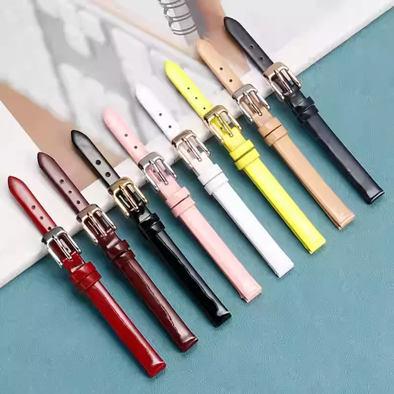Extremely thin soft watch strap small size glossy shiny genuine leather watch band for Women elegant wrist bracelet high quality