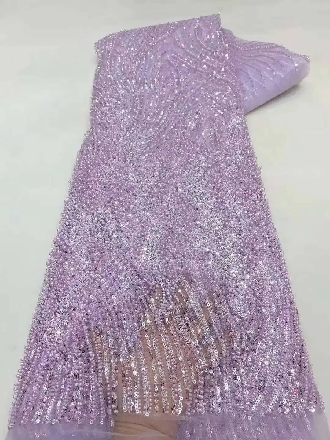

Luxury African Nigerian Groom Sequins Beads Lace Fabric 2025 Purple High Quality French Tulle Lace Fabric For Bridal Dress