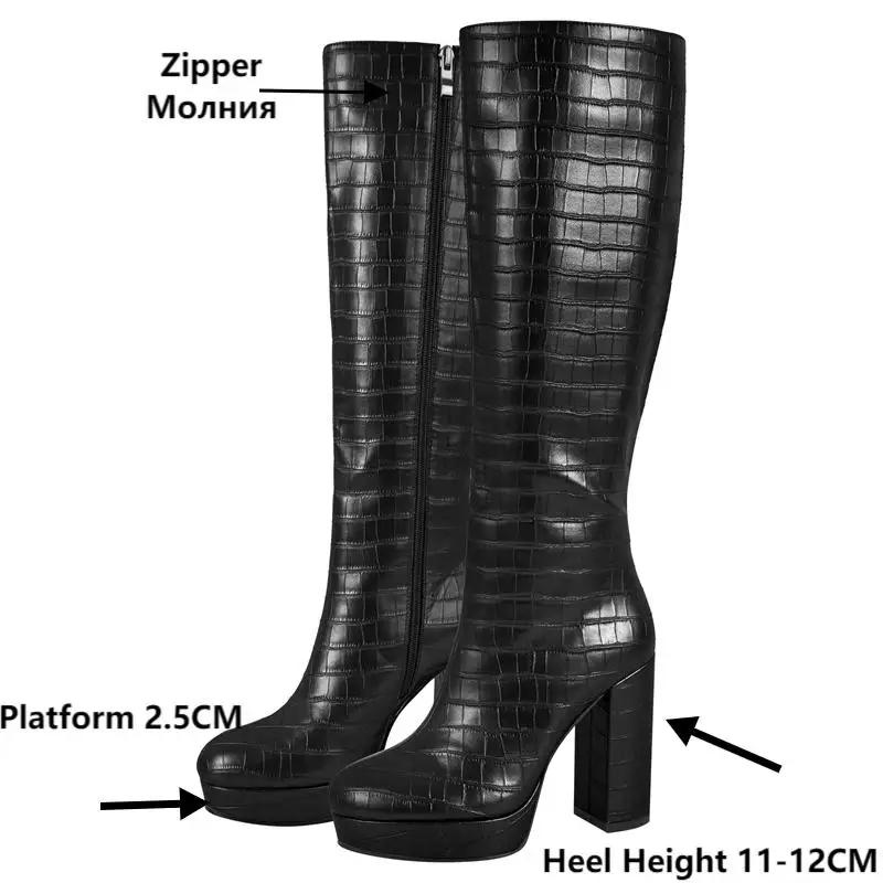 Onlymaker Women Round Toe Platform Knee High Boots Chunky Heel Boots With Side Zipper Concise Tall Modern Boots