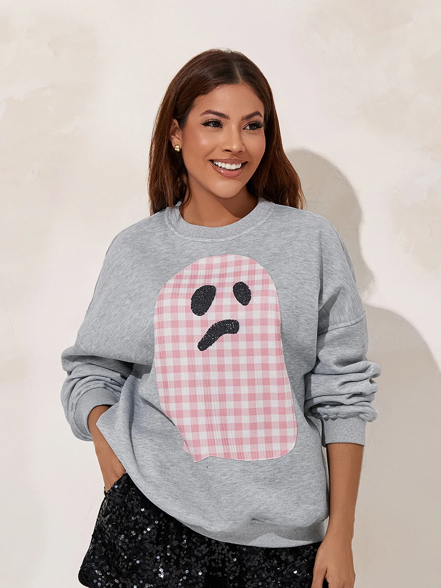 wsevypo Autumn Ghost Print Oversized Sweatshirts Women's Long Sleeve Round Neck Pullover Casual Tops Halloween Streetwear