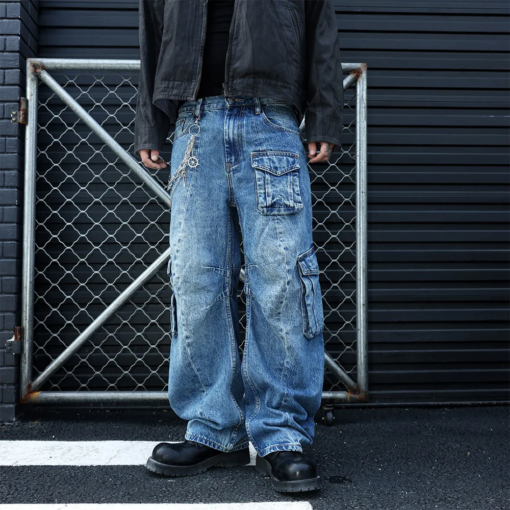 American High Street Baggy Jeans Men's Streetwear Loose Casual Washed Denim Multi-pocket Wide Leg Scimitar Jeans Pants Trousers