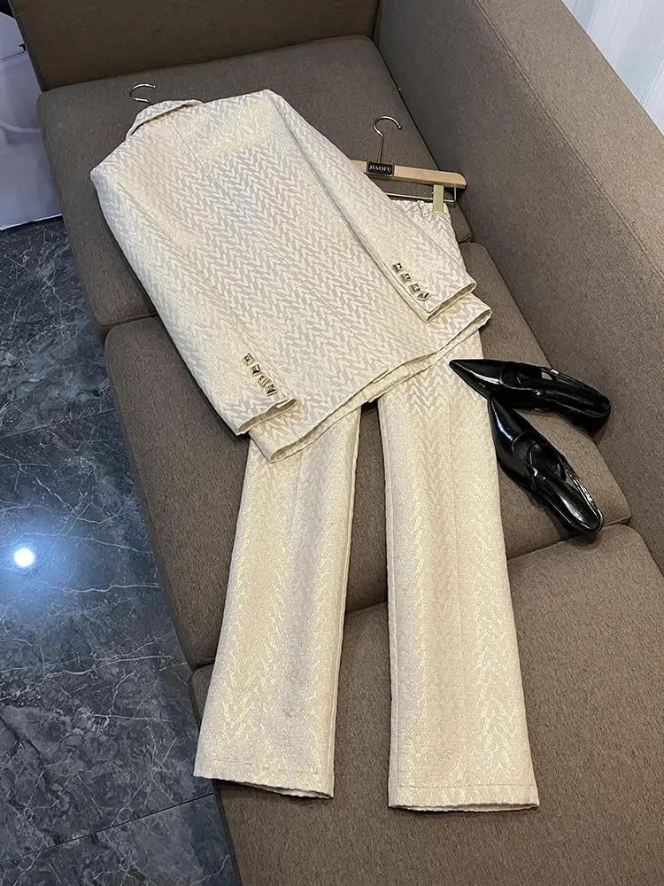 세련된 가을 겨울 플로럴 자수 미디 길이 수트 팬츠 세트 투피스 세트 셀레브리티 영감 여성 의류