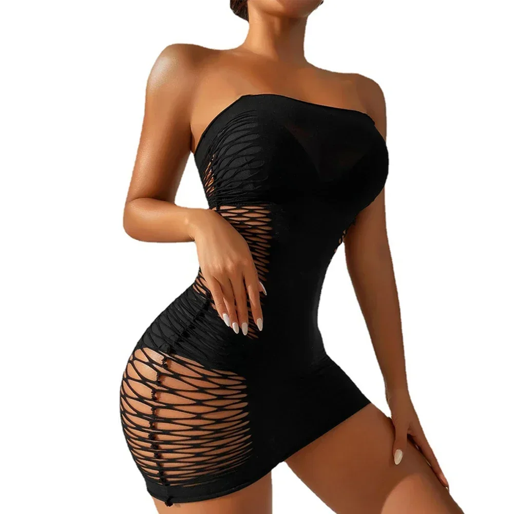 Women's Sheath Top Short Dress Sexy Fishnet Uniform Seductive Mesh Tight Dresses