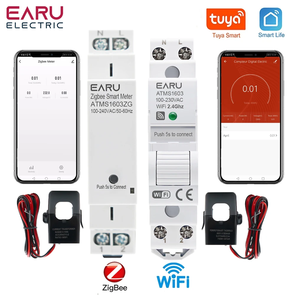 Tuya Smart WiFi  Zigbee Electricity KWH Meter Din Rail Single Phase AC 110V 240V 50A 63A CT AC Meter App Real Time Monitor Power