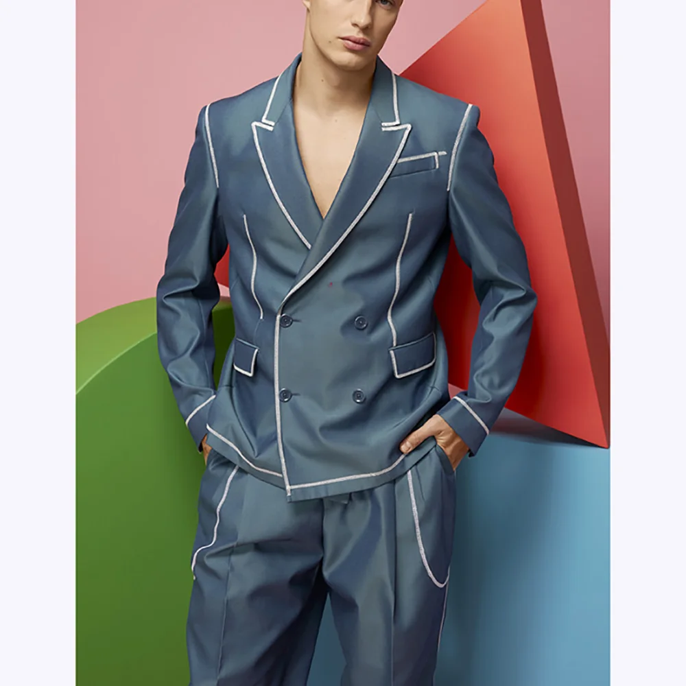 

Korean Style Men's Suit Classic Double Breasted Peak Lapel Suit Slim Fit Wedding Groom Banquet Prom Male Blazer Costumes Homme
